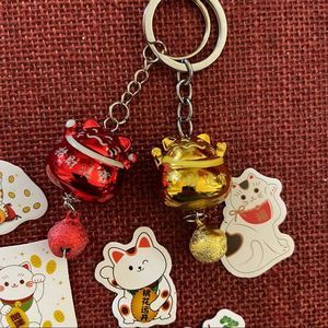🧧 lucky cat 2 ct bell Keychain w sticker gift kawaii Gold & red amulet t…